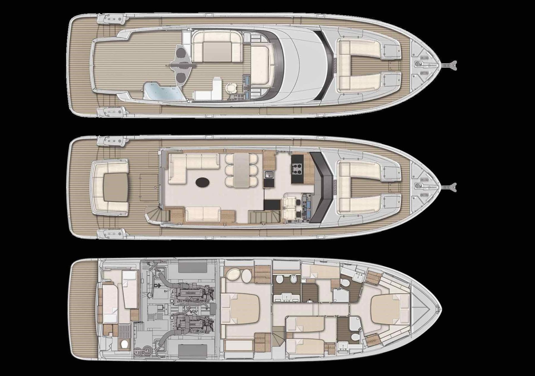 Azimut Magellano 66 deck layout showing flybridge, main deck and lower deck with four cabins